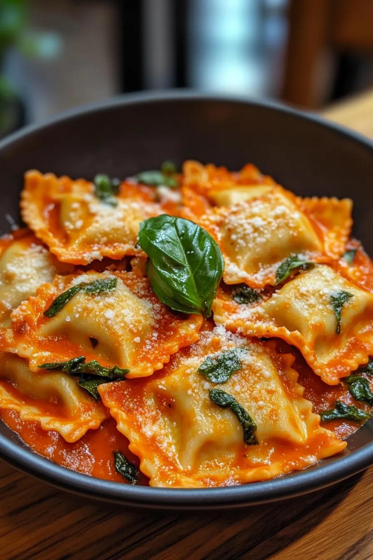 Handmade ravioli on a rustic wooden board sprinkled with flour. card