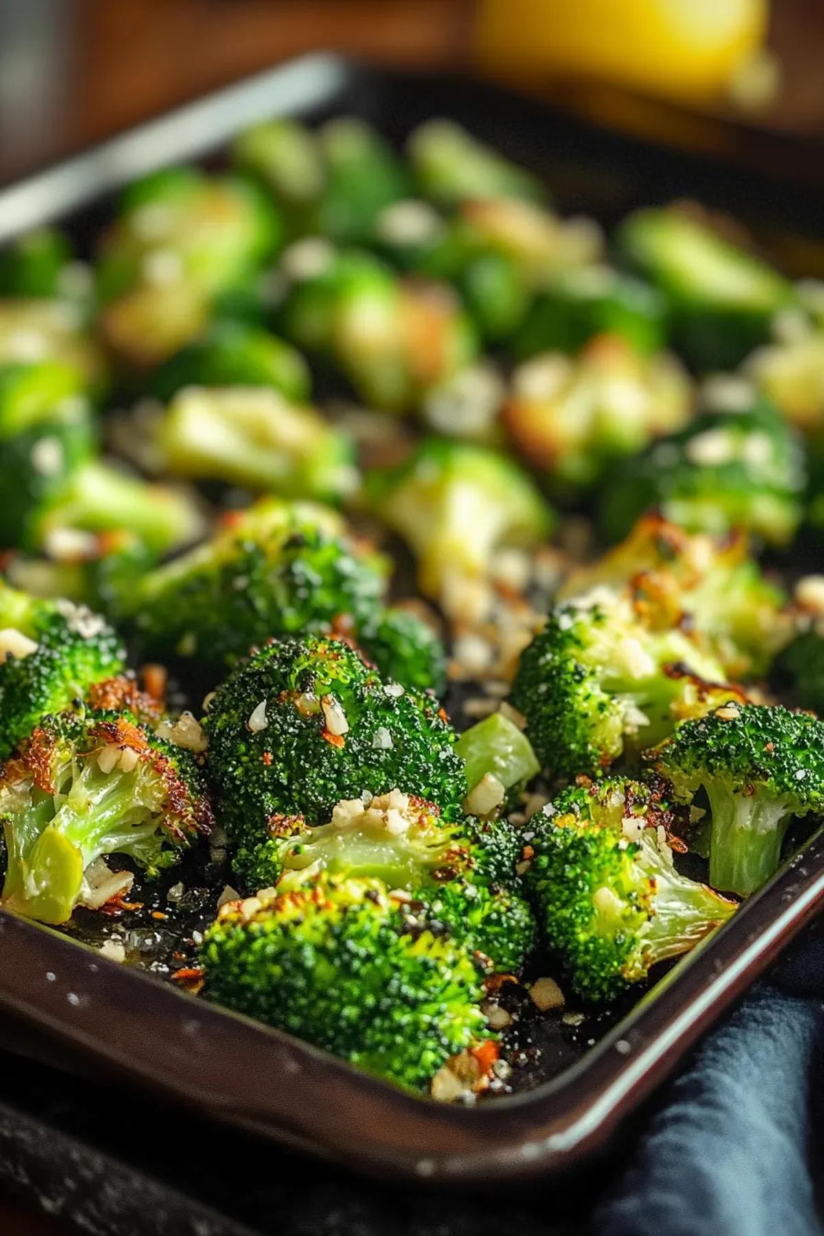 Golden roasted broccoli florets glistening with a lemon garlic dressing on a rustic platter. card
