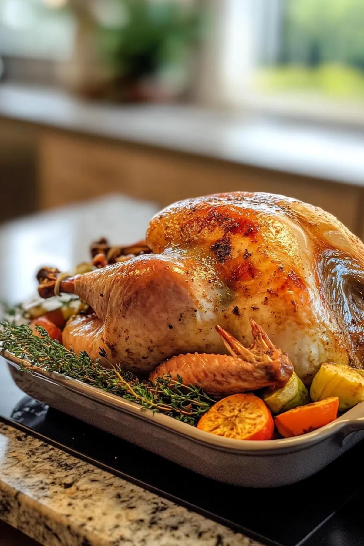 Golden brown turkey roasted to perfection in a roaster, surrounded by herbs and vegetables. card