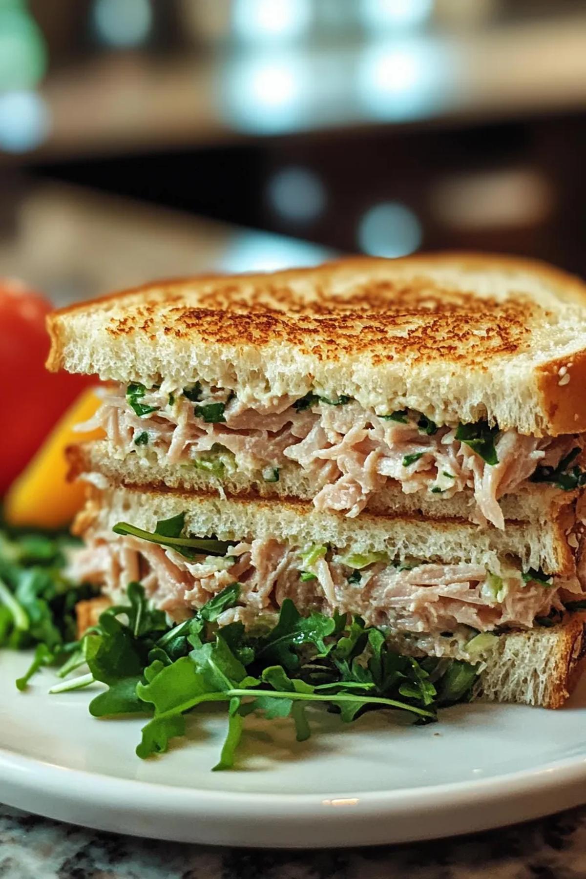 A gourmet tuna sandwich with crisp lettuce and ripe tomatoes on a wooden board. card