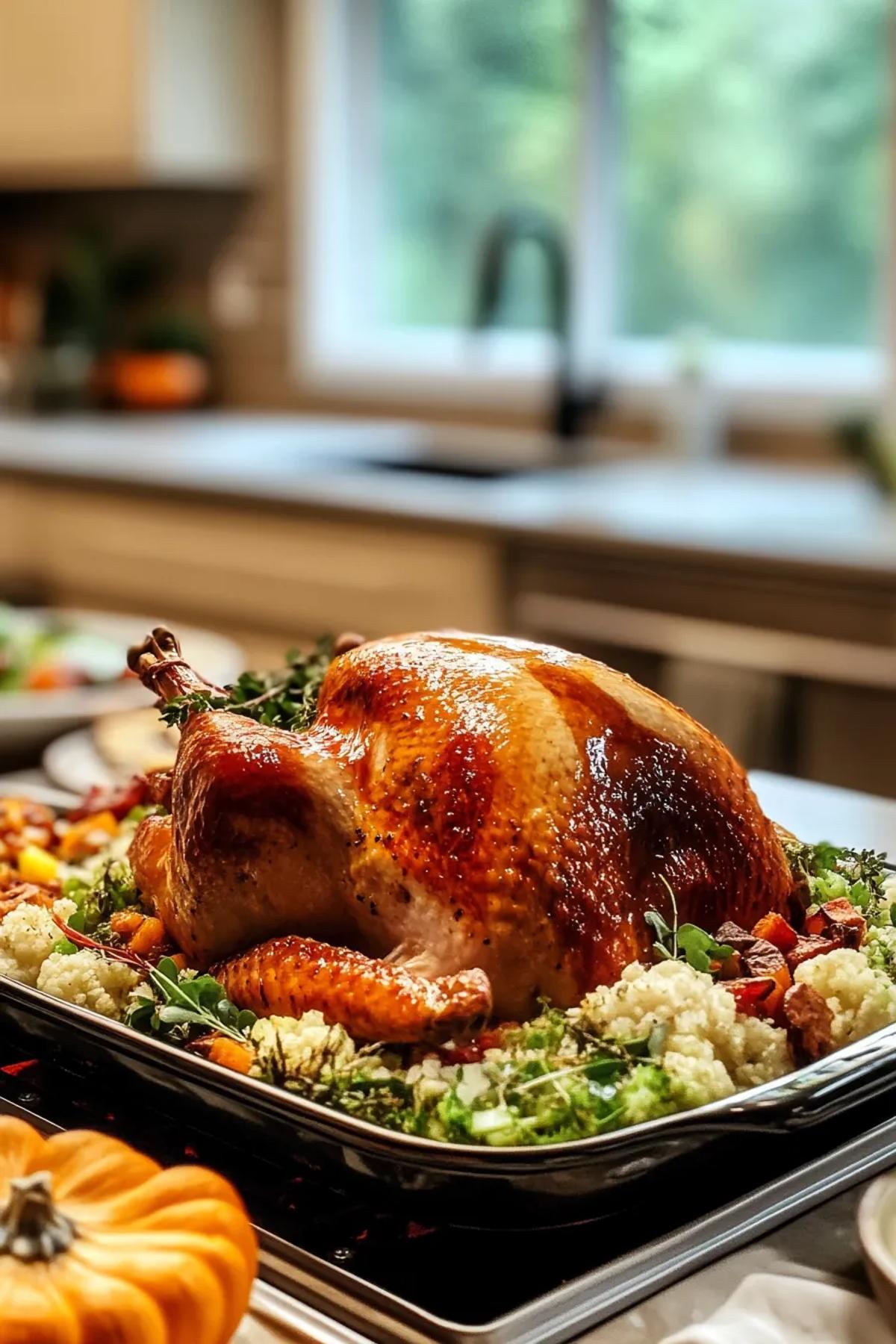 Golden roasted turkey with crispy skin, surrounded by herbs and vegetables. card