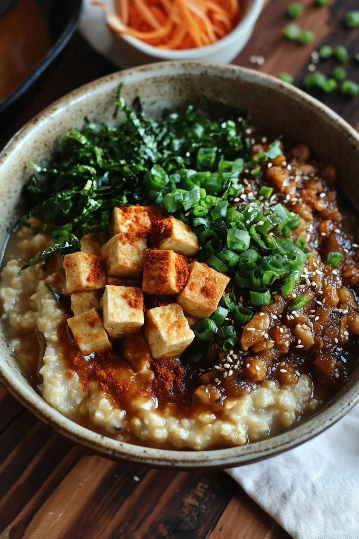 A steaming savory miso soy oatmeal bowl topped with golden crispy tofu, sliced scallions, toasted sesame seeds, and vibrant wilted greens, presented in a rustic ceramic bowl on a sunlit kitchen counter card