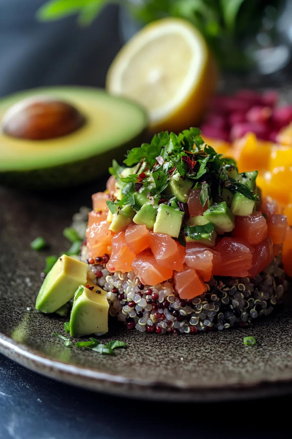 A vibrant plate of citrus-infused tuna tartare accompanied by avocado slices and a bed of fluffy quinoa. card