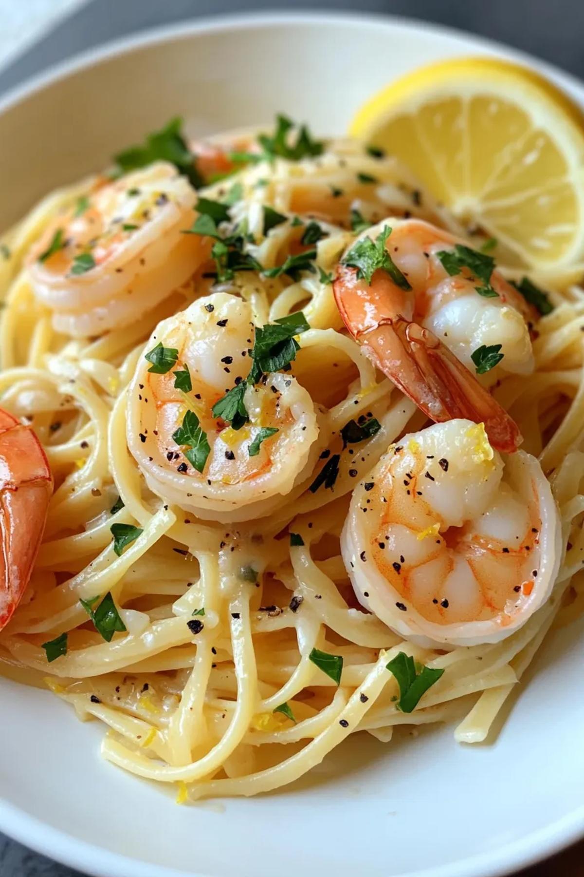 Garlic shrimp pasta with lemon zest and fresh parsley in a rustic bowl. card