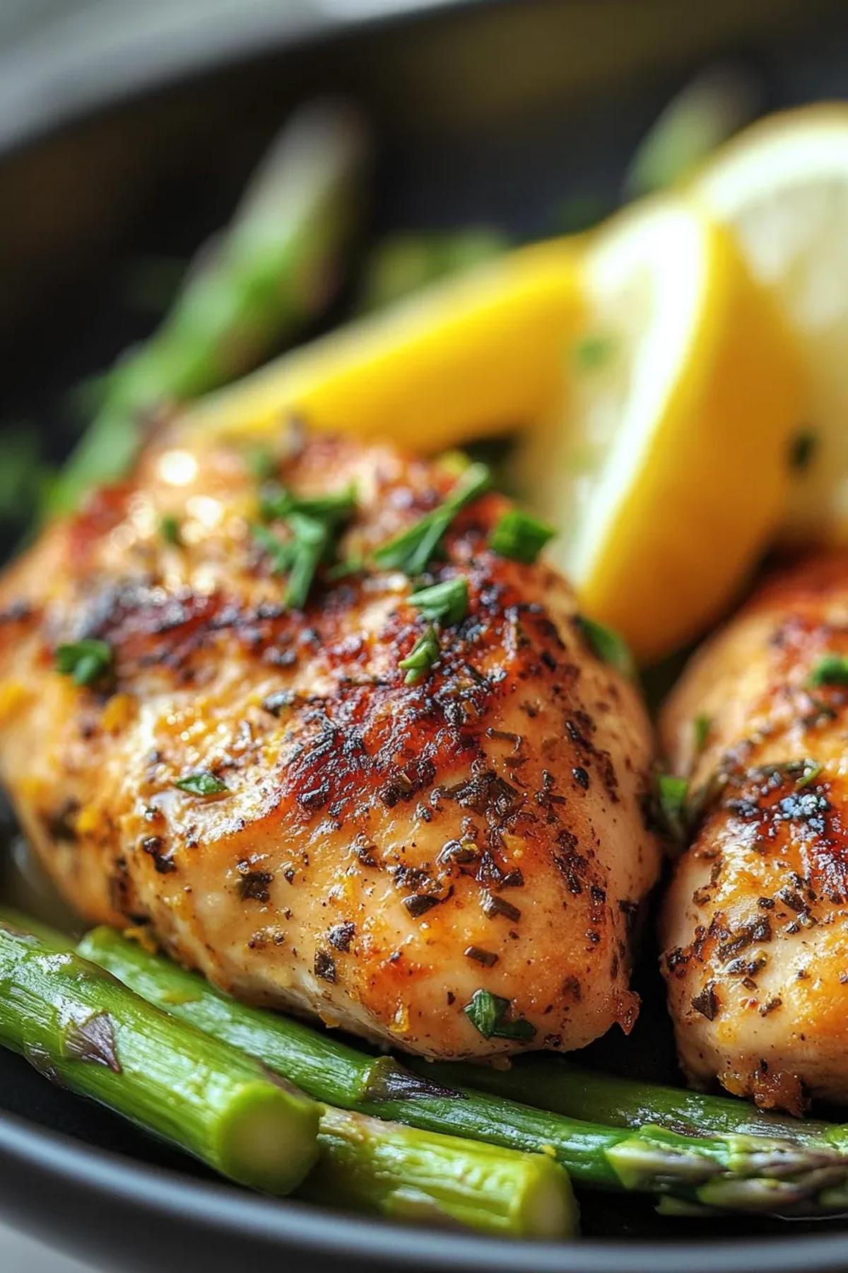 Pan-seared lemon herb chicken with vibrant asparagus spears. card