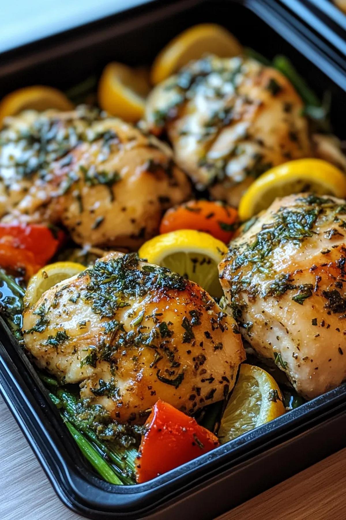Juicy lemon herb chicken slices with roasted vegetables in meal prep containers. card
