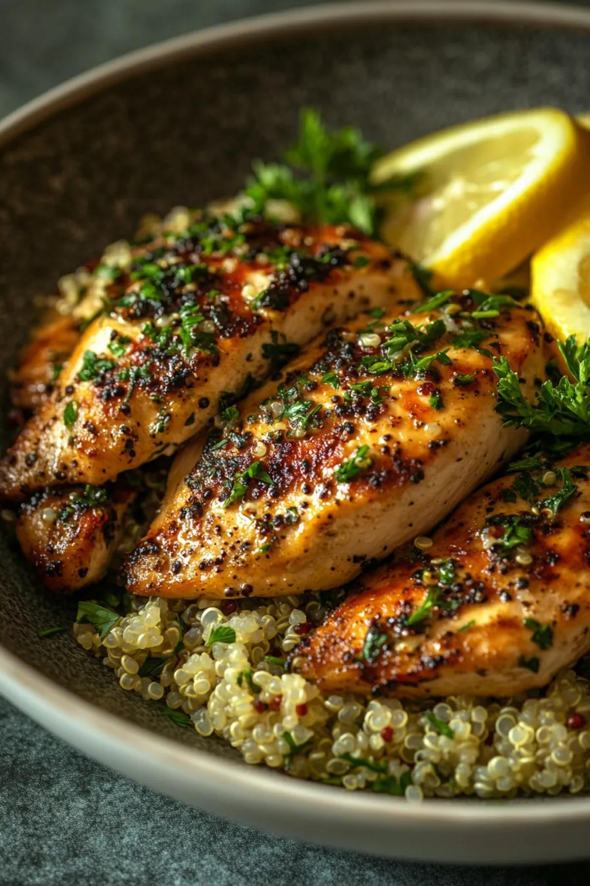 Grilled lemon herb chicken served on a bed of fluffy quinoa with a side of fresh greens. card