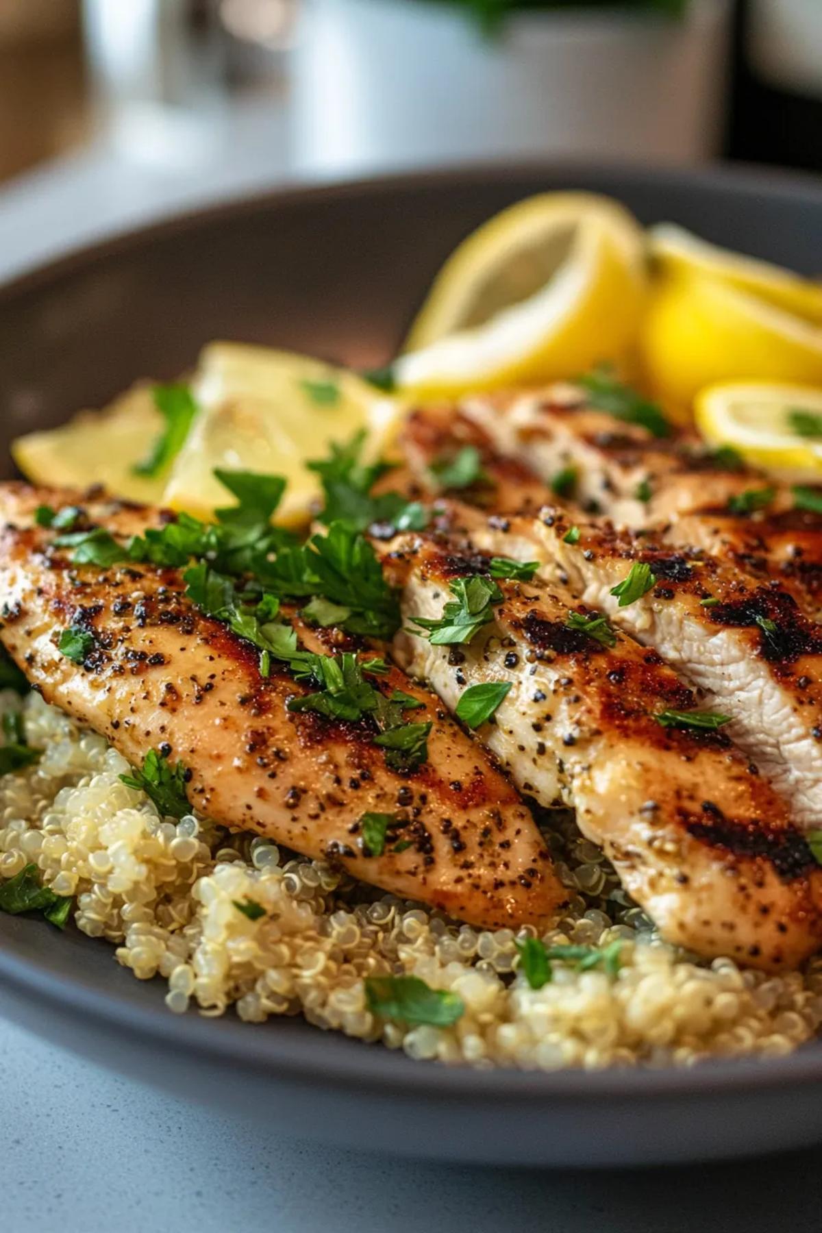 Grilled chicken breasts with a vibrant lemon herb marinade served alongside a colorful quinoa salad. card