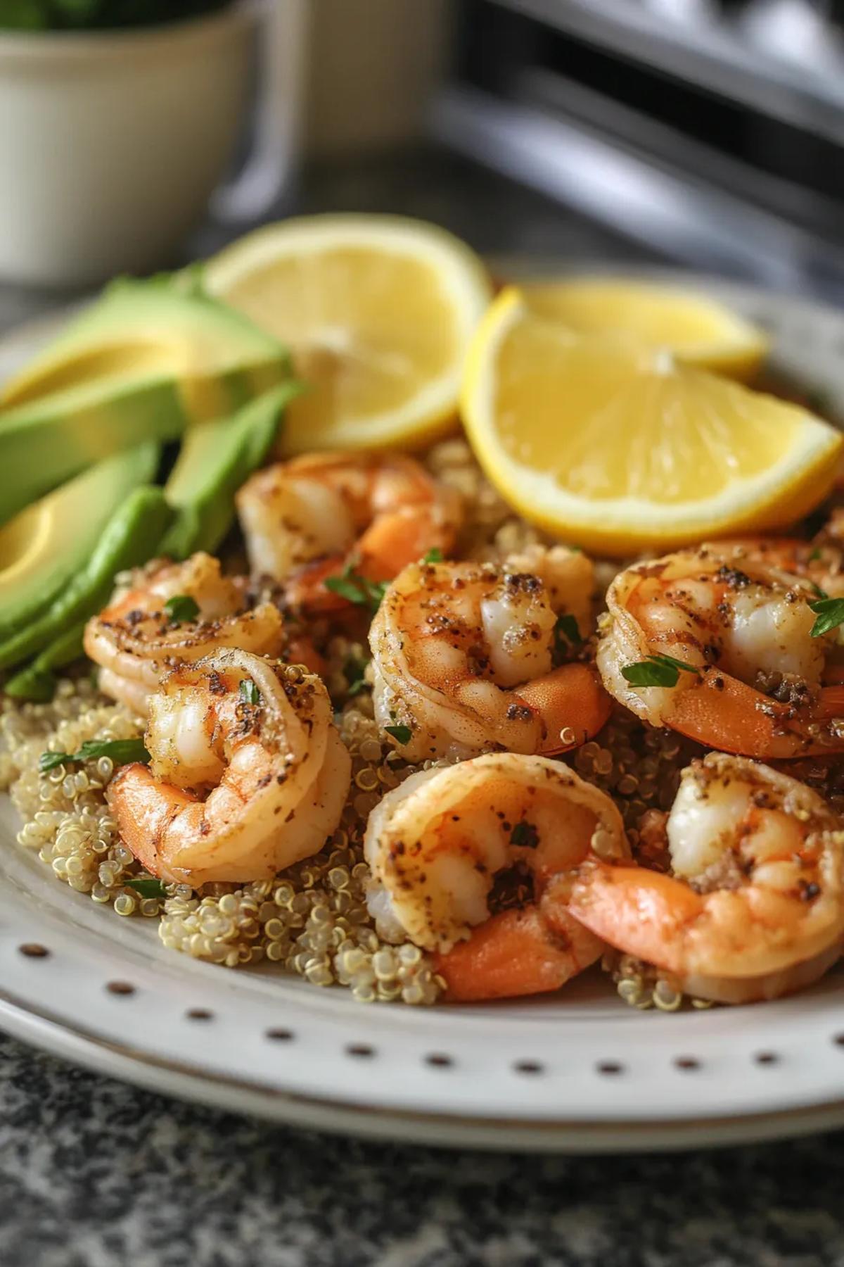 A colorful plate of lemon herb shrimp served with quinoa and avocado, garnished with fresh parsley. card