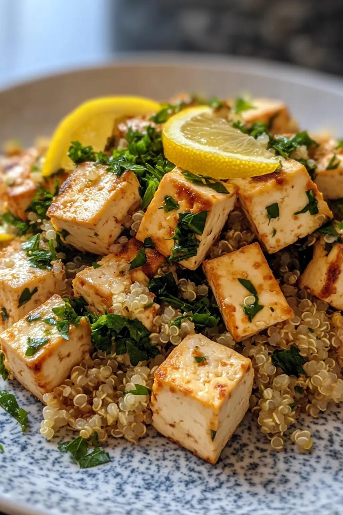 Golden-brown lemon herb tofu cubes served over a bed of fluffy quinoa with a garnish of fresh parsley and lemon wedges, embodying the essence of high protein tofu recipes for weight loss. card
