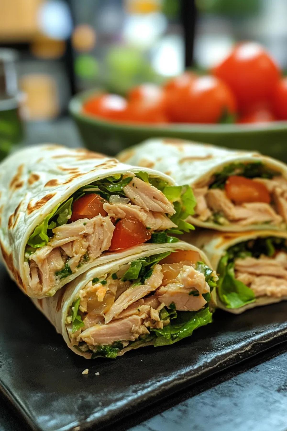 A vibrant platter of Mediterranean tuna salad wraps filled with fresh vegetables and herbs. card