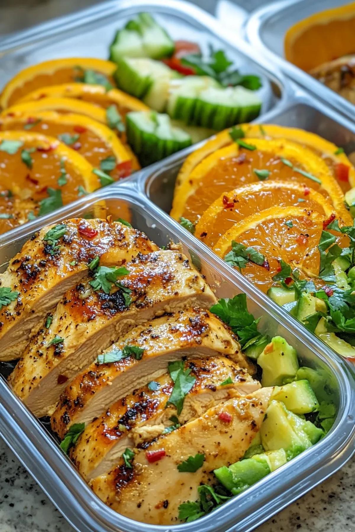 Zesty orange ginger chicken with a bright citrus glaze, garnished with fresh herbs and served with fluffy quinoa. card